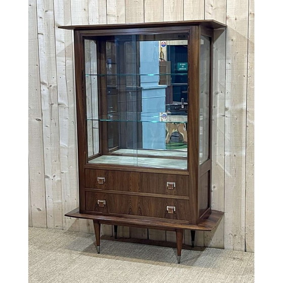 Image 1 of Vintage rosewood and mahogany display cabinet with leather handles, 1960