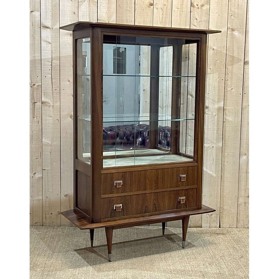 Image 1 of Vintage rosewood and mahogany display cabinet with leather handles, 1960