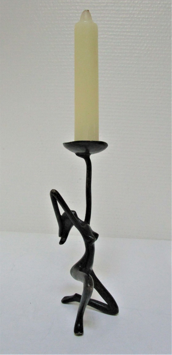 Image 1 of Bronze Blackened Candlestick Woman 70s