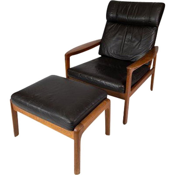 Image 1 of Vintage armchair with teak stool upholstered in black leather by Arne Vodder for Komfort, 1960