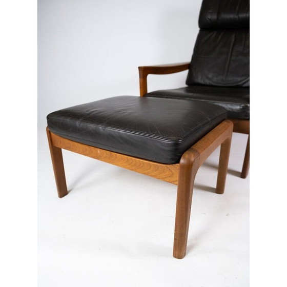 Image 1 of Vintage armchair with teak stool upholstered in black leather by Arne Vodder for Komfort, 1960