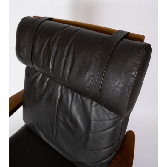 Image 1 of Vintage armchair with teak stool upholstered in black leather by Arne Vodder for Komfort, 1960