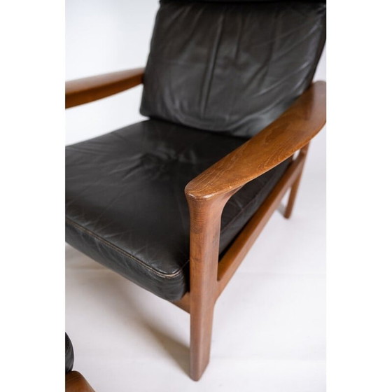 Image 1 of Vintage armchair with teak stool upholstered in black leather by Arne Vodder for Komfort, 1960