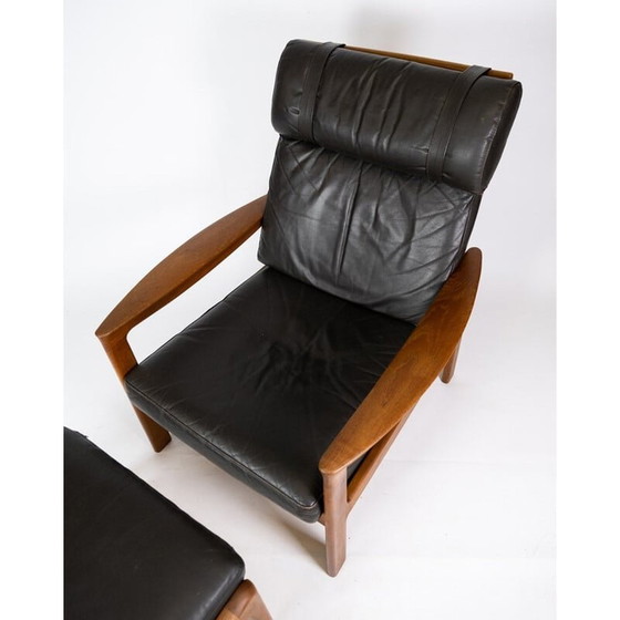 Image 1 of Vintage armchair with teak stool upholstered in black leather by Arne Vodder for Komfort, 1960