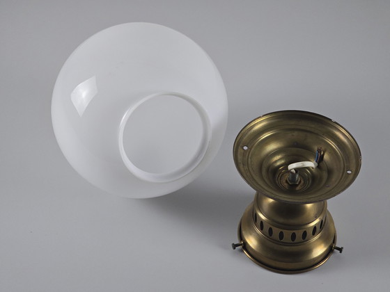 Image 1 of 1980S Art-Deco Revival Ceiling Light Fixture With Brass Base & Opaline Glass Ball Shade.