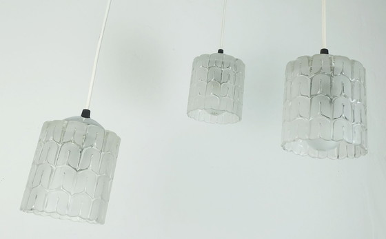 Image 1 of mid century PENDANT LIGHT 3-light cascading lamp etched glass walnut and chrome 1960s 1970s