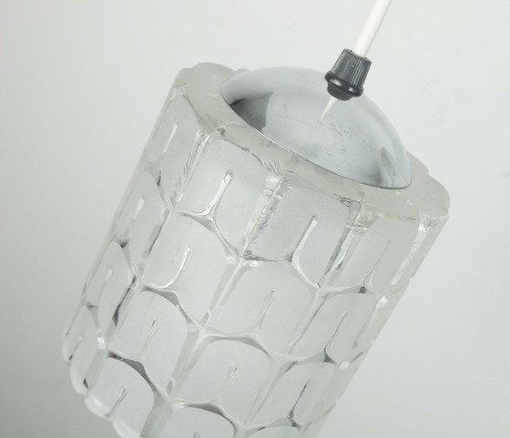 Image 1 of mid century PENDANT LIGHT 3-light cascading lamp etched glass walnut and chrome 1960s 1970s