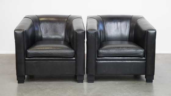 Image 1 of Set Of A Black Sheepskin Leather Sofa And Armchairs