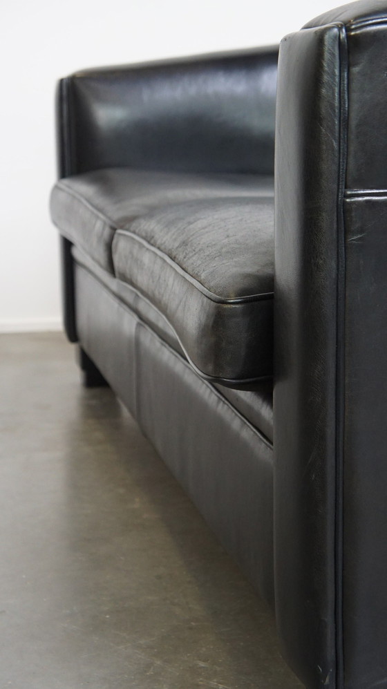 Image 1 of Set Of A Black Sheepskin Leather Sofa And Armchairs