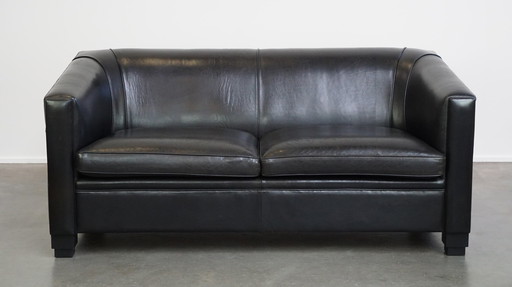 Set Of A Black Sheepskin Leather Sofa And Armchairs