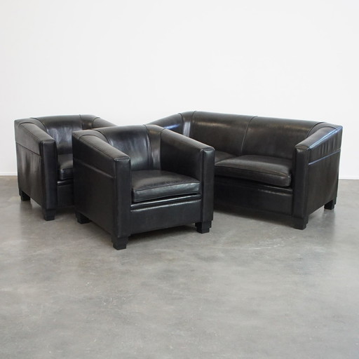 Set Of A Black Sheepskin Leather Sofa And Armchairs