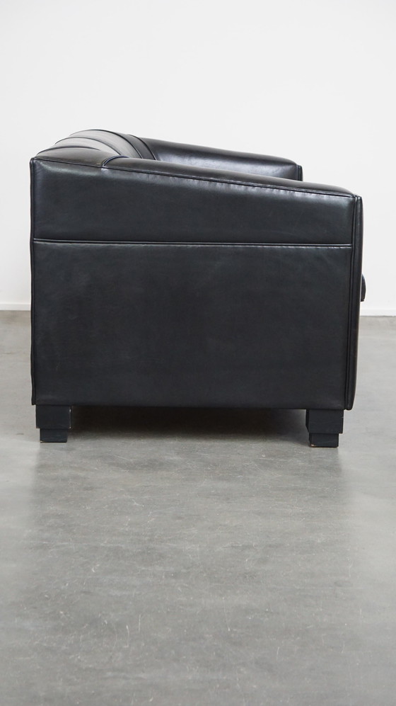 Image 1 of Set Of A Black Sheepskin Leather Sofa And Armchairs