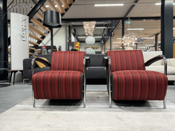 Image 1 of 2 Leolux Scylla armchairs Red fabric brown leather