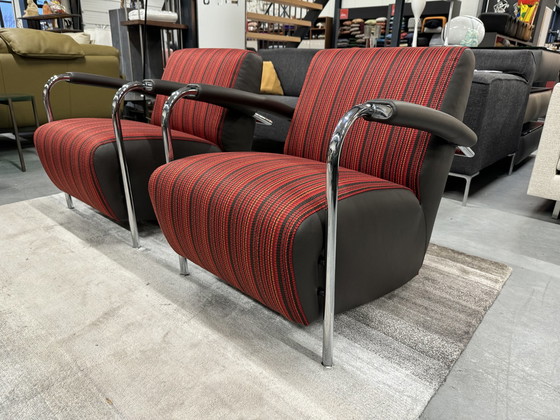 Image 1 of 2 Leolux Scylla armchairs Red fabric brown leather