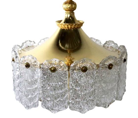 Image 1 of Brass hanging lamp with frosted iced glass