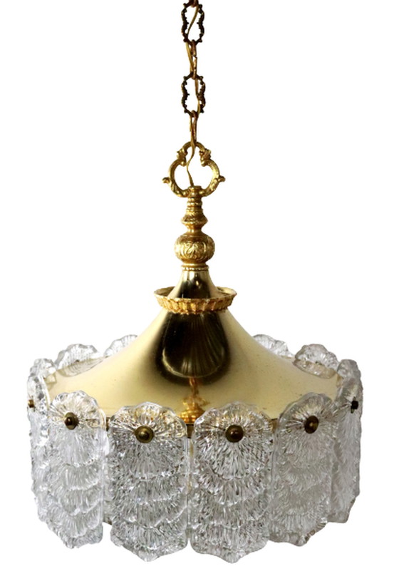 Image 1 of Brass hanging lamp with frosted iced glass