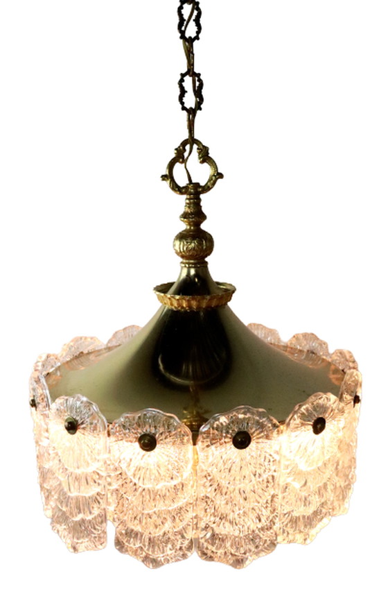 Image 1 of Brass hanging lamp with frosted iced glass