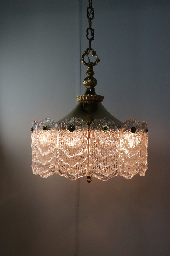 Image 1 of Brass hanging lamp with frosted iced glass