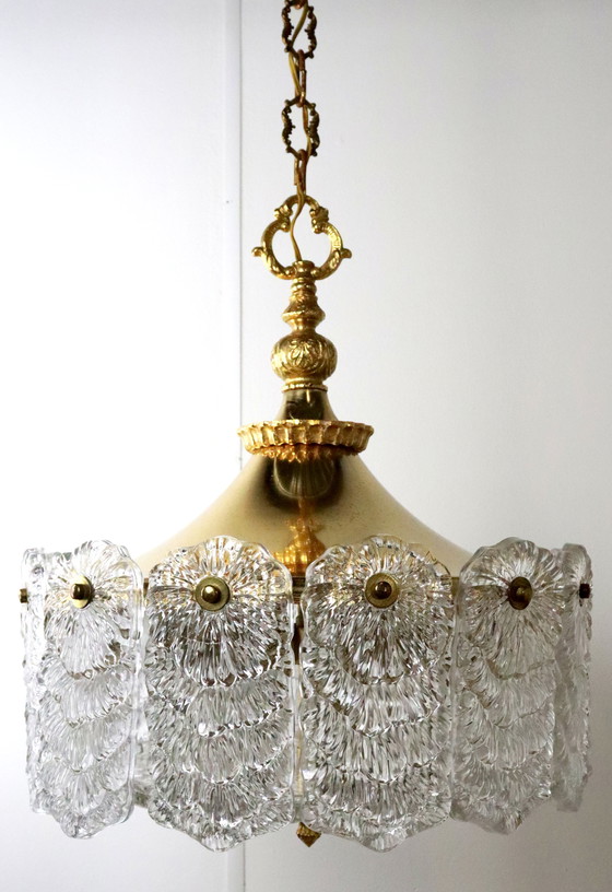 Image 1 of Brass hanging lamp with frosted iced glass