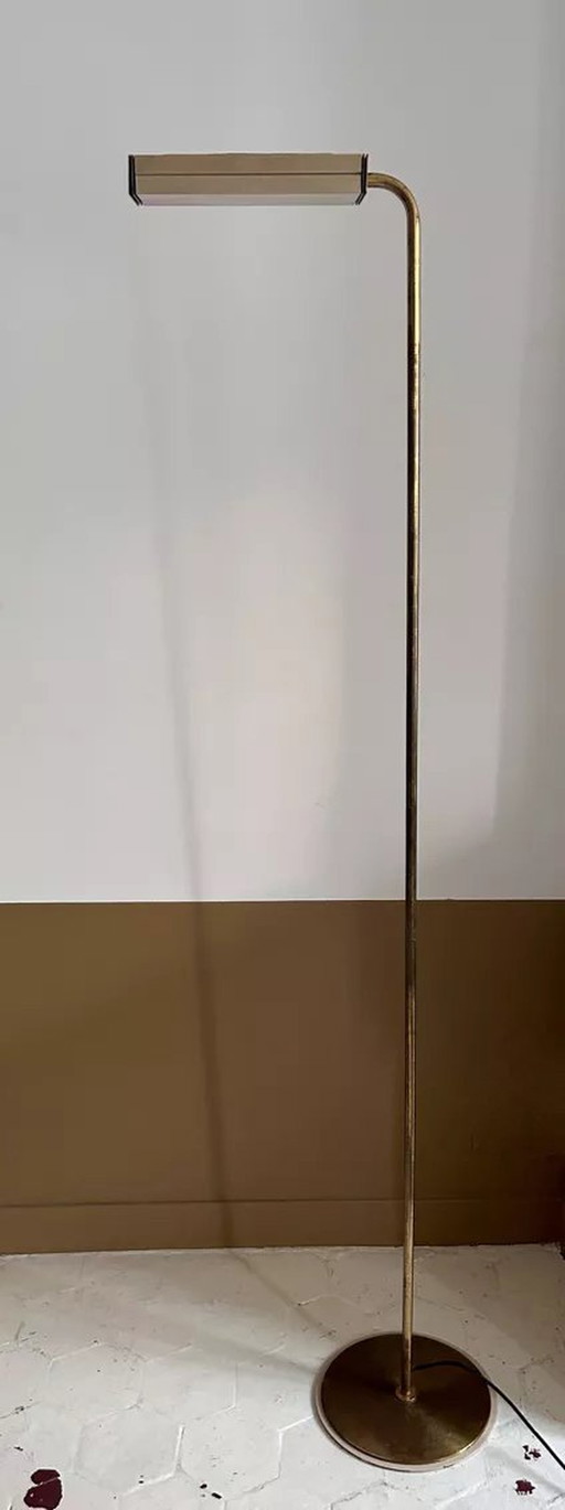 Vintage Floor Lamp, Solid Brass And Cream Lacquered Metal, Italy 1970