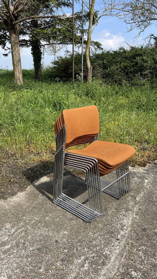 7x David Rowland Howe orange with chrome stacking chairs