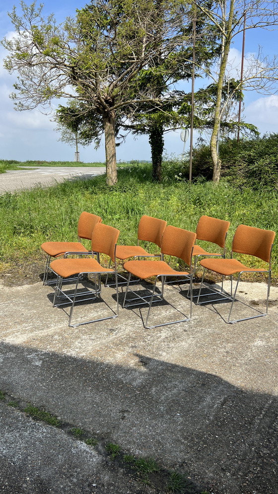 Image 1 of 7x David Rowland Howe orange with chrome stacking chairs