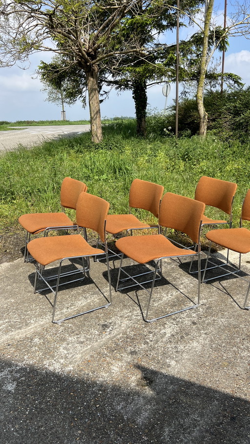 7x David Rowland Howe orange with chrome stacking chairs