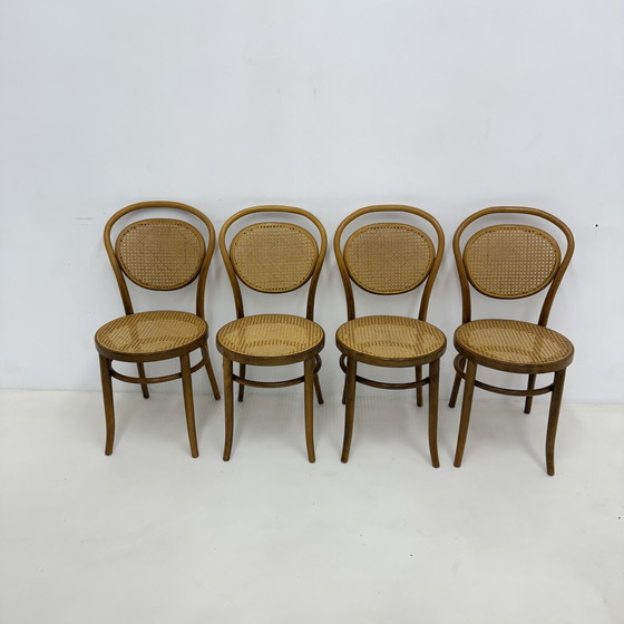 Image 1 of Juego de 4 sillas de comedor/bistró con correaje de madera curvada, década de 1960