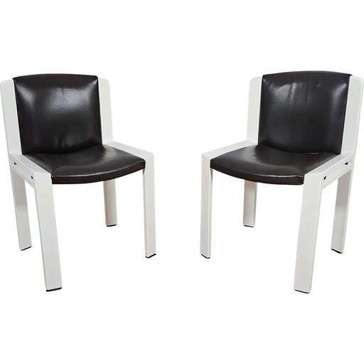 Pair of vintage Chair 300 model chairs in relacquered wood and brown leather by Joe Colombo for Pozzi, 1965