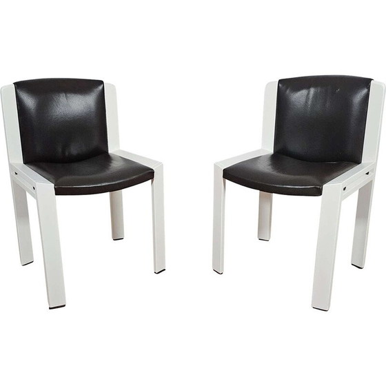 Image 1 of Coppia di sedie vintage modello Chair 300 in legno laccato e pelle marrone di Joe Colombo per Pozzi, 1965