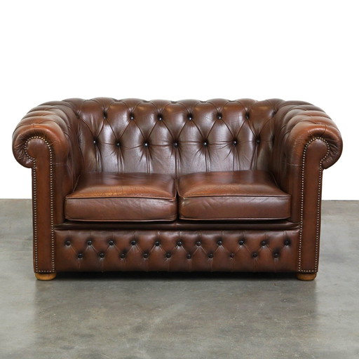 Brown Beef Leather Chesterfield 2 Seater Sofa