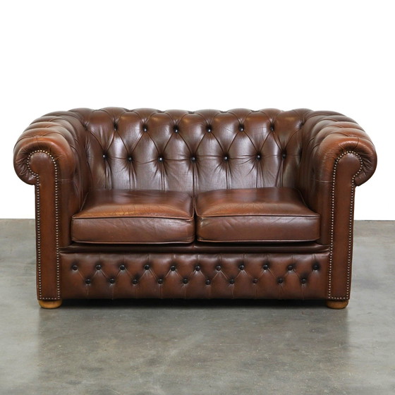 Image 1 of Brown Beef Leather Chesterfield 2 Seater Sofa