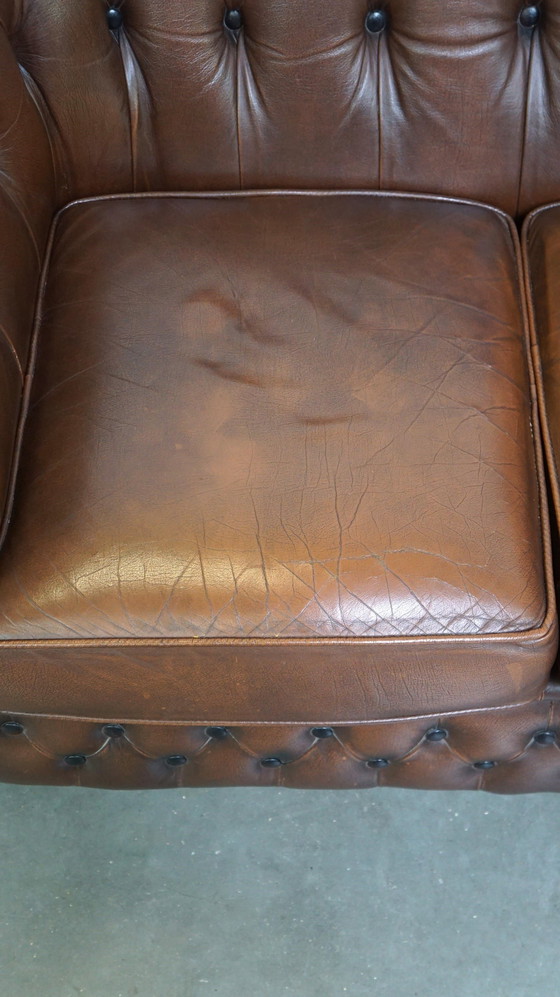 Image 1 of Brown Beef Leather Chesterfield 2 Seater Sofa