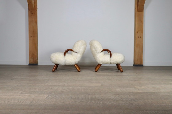 Image 1 of Early Pair Of Arnold Madsen Clam Chairs In Curly Sheepskin, Madsen & Schubell, 1944