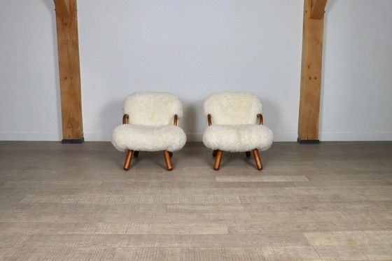 Image 1 of Early Pair Of Arnold Madsen Clam Chairs In Curly Sheepskin, Madsen & Schubell, 1944