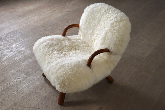 Image 1 of Early Pair Of Arnold Madsen Clam Chairs In Curly Sheepskin, Madsen & Schubell, 1944