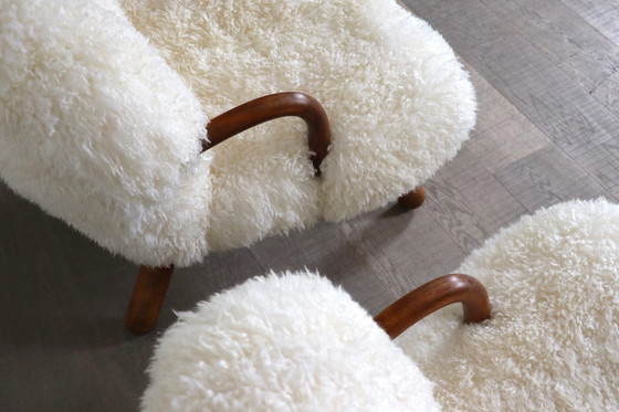 Image 1 of Early Pair Of Arnold Madsen Clam Chairs In Curly Sheepskin, Madsen & Schubell, 1944