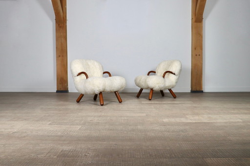 Early Pair Of Arnold Madsen Clam Chairs In Curly Sheepskin, Madsen & Schubell, 1944