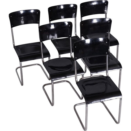 Set of 6 vintage Bauhaus black chairs by Vichr a Spol, 1930s