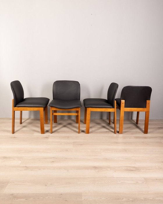 Image 1 of Set of 4 Vintage Italian Chairs in Black Leather, 1970s