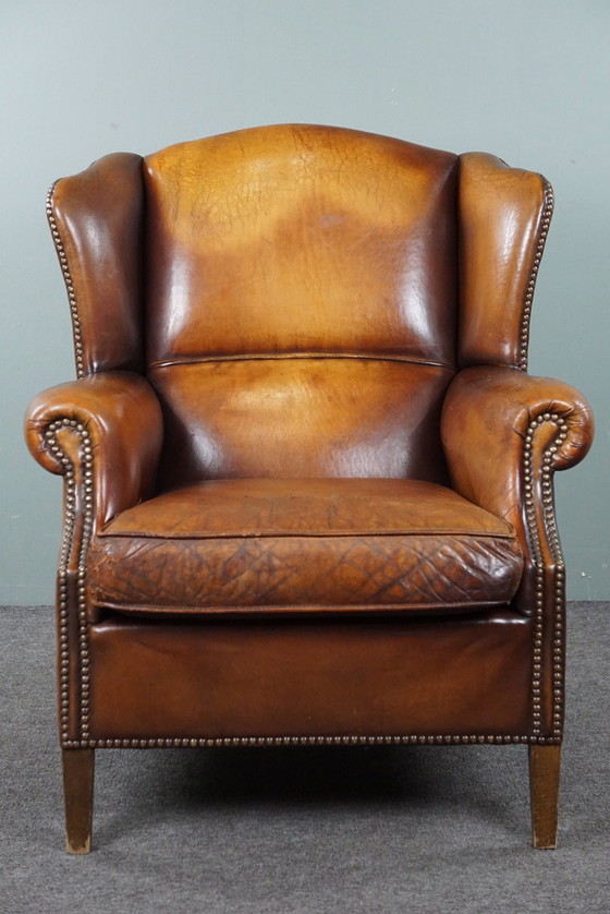 Image 1 of Sheep leather wing armchair with patina