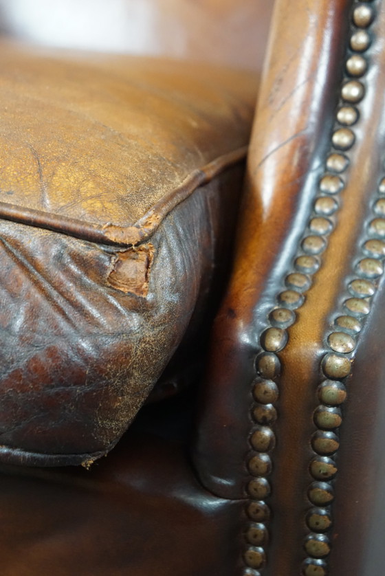 Image 1 of Sheep leather wing armchair with patina