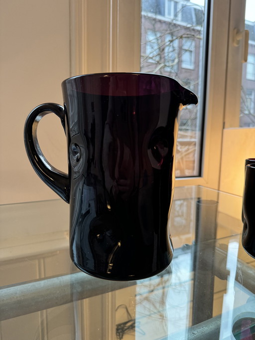 Purple water jug ​​+ 5 matching glasses