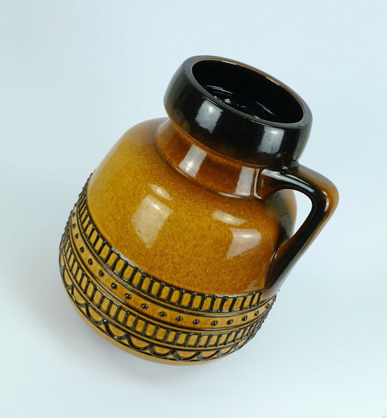 Image 1 of huge 1960's jug vase model 88 35 amber and brown with black abstract pattern