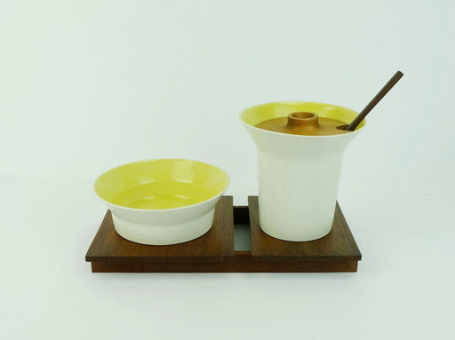 very rare danish modern serving set laurids lonborg ceramic and wood 1960s