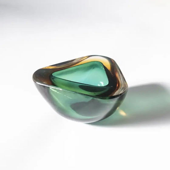 Image 1 of Murano glass vintage triangular solid Italian bowl in green and yellow