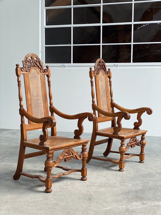 Image 1 of Antique throne armchair chair Germany castle Ranis 1840 solid oak Viennese wickerwork