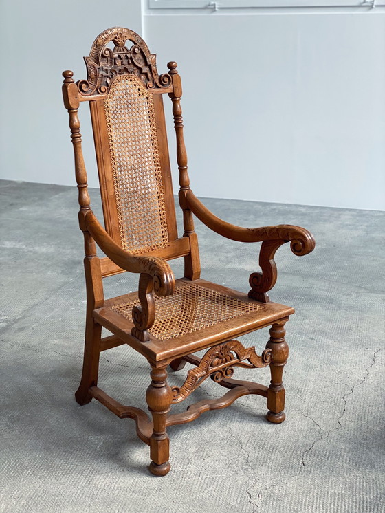 Image 1 of Antique throne armchair chair Germany castle Ranis 1840 solid oak Viennese wickerwork