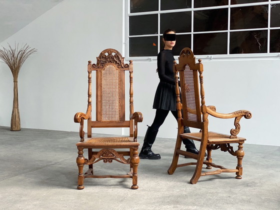 Image 1 of Antique throne armchair chair Germany castle Ranis 1840 solid oak Viennese wickerwork