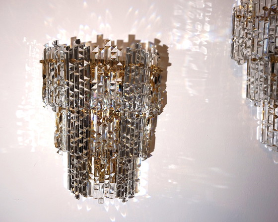 Image 1 of Set Of 2 Kinkeldey Hollywood Regency Waterfall Crystal Glass Wall Lights, 1970